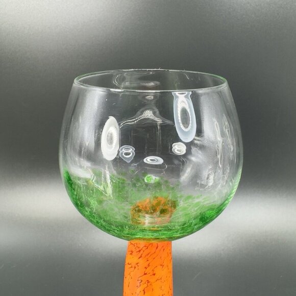 Vintage Bohemia Art Glass Cup Goblet Stem BarWare Multicolor Orange Green Stem - Picture 10 of 10